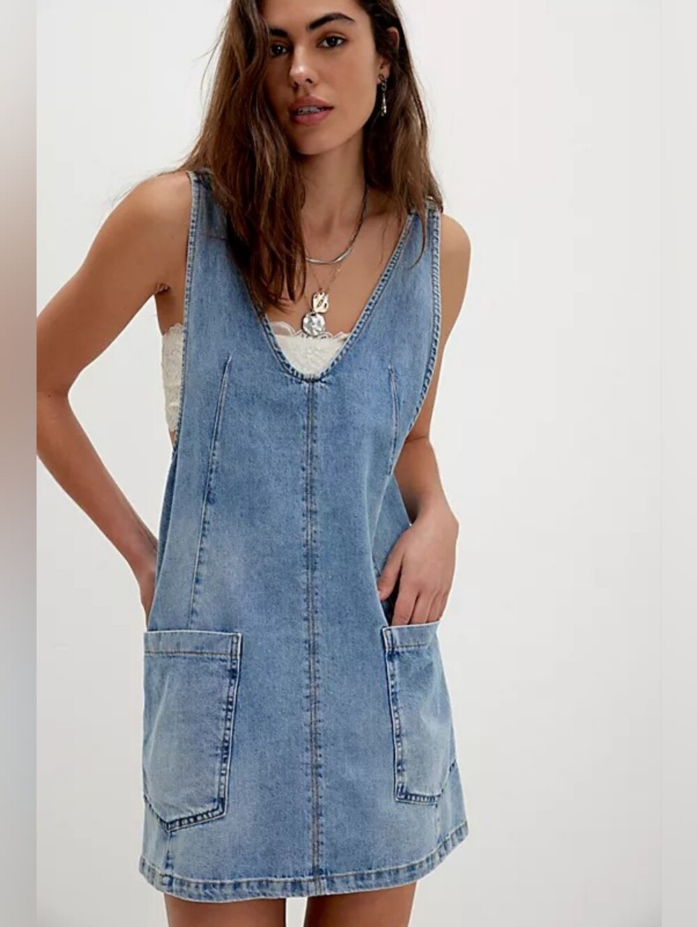 Free People We The Free High Roller Denim Skirtall Jumper Dress Size XL Blue